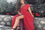 greatnfb Women Long Plus Size Split Dress Polka dot Beach Dress Maxi Dress Female Evening Party Dress Floor-length Beach Hobo Sundress