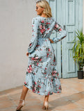 greatnfb Women Floral Printed Maxi Dresses Spring Summer Casual O Neck Full Sleeve High Waist A Line Boho Beach Party Long Dress Vestidos