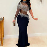 Plus Size Sheer Rhinestone Party Dress Female Luxury Dinner Prom Lady Evening Robe Summer Elegant And Pretty Women Dresses