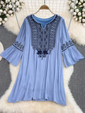 greatnfb  Summer Temperament Loose Ethnic Style Embroidered Dress Cotton Linen Holiday Vintge Dresses Women D1445