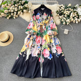 greatnfb  Spring Holiday Flower Linen Dress Women's Stand Long Lantern Sleeve Floral Print Single Breasted Belt Party Maxi Vestidos 6396