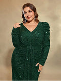 Plus Size V Neck Long Sleeve Wedding Banquet Sequined Multicolor Long Dress 4XL 5XL Big Size Luxurious Sparkling Evening Dress