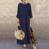 Printed Long Dress Dress Long O Neck Loose Women Plus Size Vintage 3/4 Sleeve Side Buttons Dress