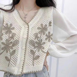 greatnfb Women Casual V-Neck Button Down Cropped Cardigan Puff Long Sleeve Elegant Embroidery Floral for JACKET Cover Up Blouse