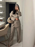 Elegant Lapel Lace Up Blazer Jacket Set Women Loose Solid High Waist Wide Leg Pants Suit 2024 New Fashion Office Lady Streetwear