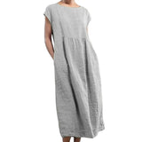 COTTON LINEN Short Sleeve Women Dress A-LINE O-Neck Loose Waist Pocket Mid-calf Lady Dress Casual Loose Plus Size 5XL