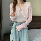 greatnfb  Summer Women Thin Sunscreen Cardigan Lace-up Knitwear Tops Female Korean Style Lantern Sleeve Short Coat Casual Sun Protected