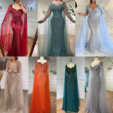 Serene Hill Blue Arabic Luxury Beaded  Mermaid Cape Sleeves Evening Dresses Gowns 2024 For Women Wedding Party LA71715