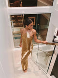 Elegant Shiny Metallic Gold Halter Dress for Women Sleeveless Backless Bodycorn Long Vestidos 2024 Lady Party Club Evening Robes