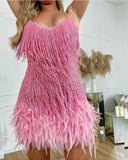 Plus Size Women Sequins Tassel Feather Dress Autumn Winter Sexy Mini Evening Party Club Elegant High Quality Prom Vestido