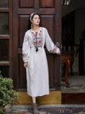 Fashion Summer and Autumn Dress Pattern Embroidery Cotton Linen White Skirt Holiday Three-quarter Sleeve Long Skirt Party