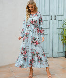 greatnfb Women Floral Printed Maxi Dresses Spring Summer Casual O Neck Full Sleeve High Waist A Line Boho Beach Party Long Dress Vestidos