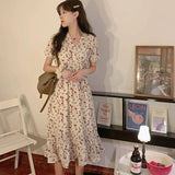 Rimocy Korean Fashion Chiffon Long Dress Women 2024 Summer Short Sleeve Floral Party Dress Woman V Neck Lace Up Midi Dresses