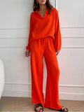 Solid Turn-down Collar Top Pants Women Suit Long Sleeve V-neck Loose Tops Wide Leg Trousers 2024 Elegant Spring Lady Set