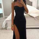 greatnfb Women Evening Dress Shiny Sequin Spaghetti Strap Maxi Dress Off Shoulder Sleeveless Low-cut High Split High Waist Prom Dress