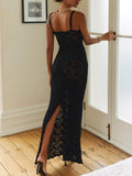 Elegant Lace See Through Maxi Dress Women Summer Sexy Spaghetti Straps Bodycon Wedding Party Dresses  Black Split Long Dress