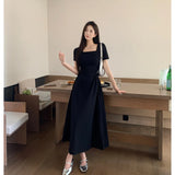 Elegant Black White Dress For Women Summer Square Collar Short Sleeve Slim Long Dress Evening Party Vintage Dresses