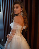 Soft Tulle Boho Wedding Dress Long Sleeves Sweetheart Pearls Bride Gowns Beach Front Split Formal Party Evening Gowns