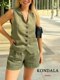 KONDALA Casual Linen Women Suits 2 Pieces V Neck Buttons Vest Blazer+High Waist Wide Leg Shorts Fashion 2023 Summer Vintage Sets