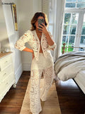 Elegant Lace Hollow Out Pants Sets For Women Sexy Long Sleeves Button Cardigan New In Matching Sets Female Chic Beach Outfits