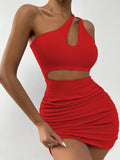 Sexy One Shoulder Hollow Out Mini Dress Sleeveless Backless Women Party Nightclub Bodycon Outfit Two Piece Set