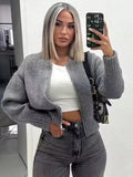 Fashion Kint Grey Zippers Women Cardigan Sweater Spring Long Sleeve Pleater Female Sweaters 2024 Elegant Casual Lady Outwear