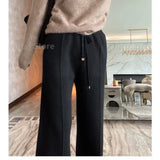 Women's Wool Wide-Leg Pants Fall/Winter High Waist Drooping Slimming Casual Loose Straight Knit Mop Trousers Outer Wear