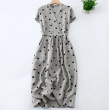 Cotton and Linen Dot V-neck Short-sleeved dress Women's 2024 Summer New Korean Style Loose plus size Elegant Casual dress