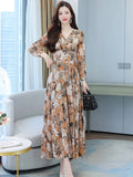 Women Spring Autumn Midi Casual Dress Beach Floral Chiffon Robe Chic Elegant Evening Dresses For Party Korean Fashion 2022 Maxi