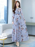 Blue Floral Vintage Chiffon Long Sleeve Dress Spring Autumn 2023 Womens Fashion Prom Maxi O-Neck Bodycon Evening Midi Dresses