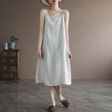 greatnfb  Summer Women's Clothing New Suspender Cotton Linen Solid Color Loose Breathable Covers the Belly Slim A-line Length Dresses