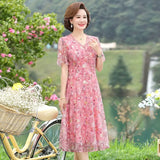 Women Summer Casual Dress Ladies Middle-aged Print Short Sleeve Pleated Dresses Female Vintage V-neck Vestidos