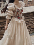 Vintage Elegant Print Floral Dress Women 2023 Autumn O-neck Casual Evening Party Midi Dress Female Puff Sleeve Korea Fairy Dress