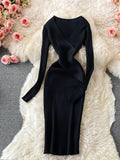 YuooMuoo Autumn Winter 2023 Women Dress Elegant Cross V-neck Slim Waist Knitted Bodycon Dress Korean Office Lady Vestidos