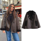 greatnfb  TRAF 2024 Woman Thick Faux Leather Jackets for Women Autumn Winter Warm Wool Blends Coats Demi-season Plush Jacket Outerwear