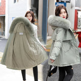 greatnfb Women Parka Fashion Long Coat Wool Liner Hooded Parkas 2024 New Winter Jacket Slim with Fur Collar Warm Snow Wear Padded Clothes