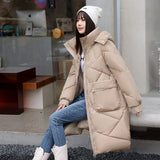 greatnfb Winter Rhombic Lattice Loose Cotton Jacket Coat Women's Solid Color Big Pocket Hooded Jackets Casual Medium Long Parka 2024 New