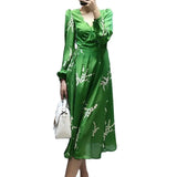 23 early autumn holiday V-neck lantern sleeves green bottom print drawstring tie waist gathered wrap mid-length dress