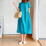 greatnfb  Summer Cotton Linen Dresses Women Casual Loose Short Sleeve Solid Midi Dress Elegant Daily Pockets Oversize A-Line Vestidos