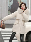 greatnfb Winter Coat Low Price On Sale Women Beige Add Wool Thick Warmth Fur Hooded Parkas Jacket 2024 New Fashion Belt Slim Cotton Coat