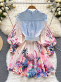 Autumn Elegant Gradien Short Dress Women's Linen Stand Long Lantern Sleeve Flower Print Ruffles Buttons Sashes Mini Vestidos