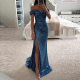 Elegant Off-shoulder Gown Dress Solid Color Long Sleeve Sequin V-neck Maxi Dress for Evening Party 2024 Fashion Female Vestidos