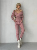 Sexy Off Shoulder Knitted Two Piece Set Women Long Sleeve Sport Tracksuit 2 Piece Sweater Pants Suits Matching Sets For Women