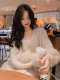 greatnfb  Spring and Autumn Cardigan Mid-length Gold Silk Mohair Knitted Jacket Fashion Cardigan Female Retro Gentle White Sweater Coat