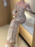 Sexy Women Elegant Bodycon Slim Lace Dress Vintage Casual Backless Bandage Party Dress Female Fashion Long Robe Clothes Spring