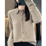 greatnfb Women's Lapel Pure Wool Cardigan Autumn And Winter New Merino Cashmere Sweater Long Sleeve Formal Knitting Top S-XXL