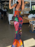 JULISSA MO Elegant Tie Dye Floral Chiffon Dress Summer Sexy Women Backless Lace Bodycon See Through  Beach Party Vestidos