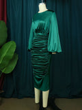 Pleated Green Satin Dresses Long Lantern Sleeve High Waist Soft Midi Evening Birthday Club Party Plus Size Outfits for Women 4XL