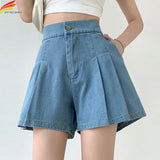 DFRCAEG 2023 Summer Plus Size Denim Shorts For Women High Elastic Waist Blue Or Sky Blue Pleated Mini Large Size Short Femme