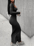 LW BASICS Long Sleeve Casual Maxi Dresses Autumn & Winter  Women New Streetwear Solid Black U Neck Sexy Bodycon Dress